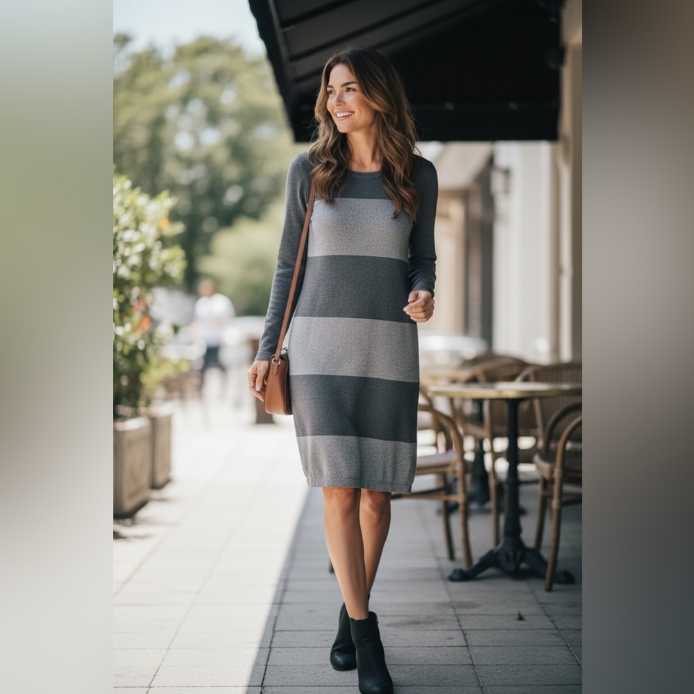Women’s Gray Striped Long-Sleeve Knit Dress, Small